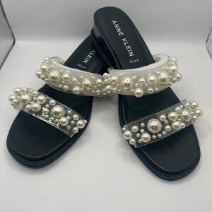 Anne Klein Women’s Akbells Shoes Black Wedge Sandals Clear Pearl Straps NEW 10M